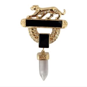 Vintage Jackie Collins Panther Brooch Art Deco Black Enamel Over Gold Crystal